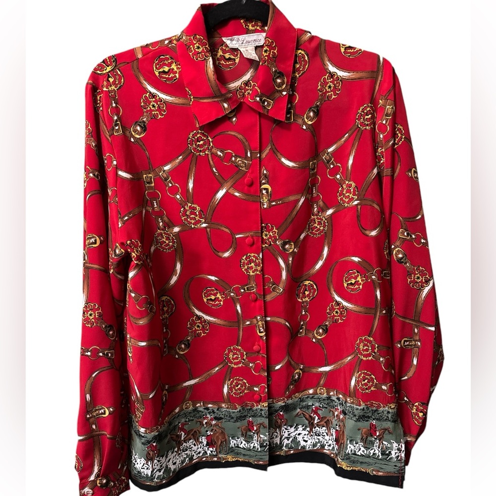 Vintage KB Lawrence Horse Equestrian Cottagecore Button Blouse size 8